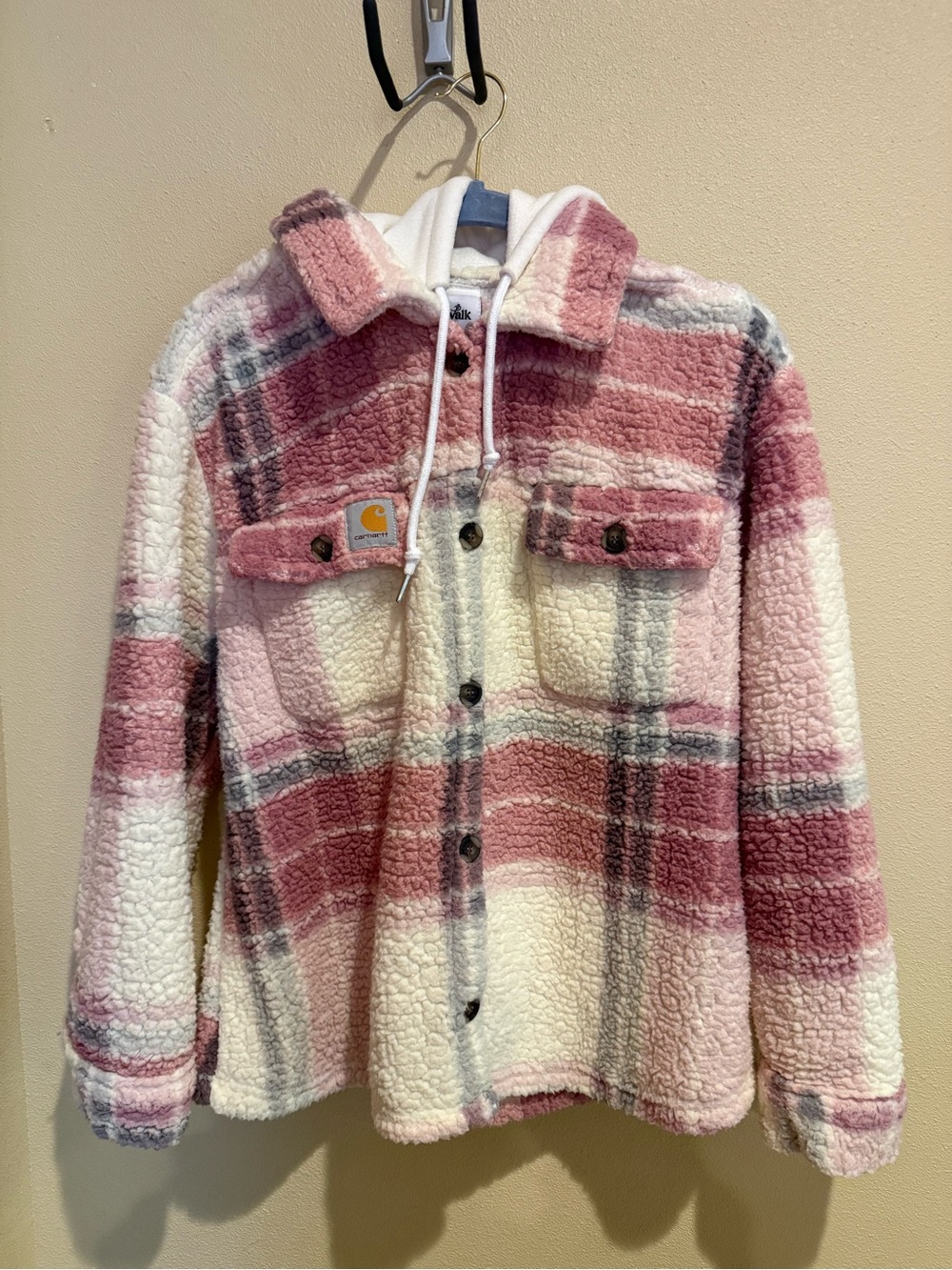Original Katswalk Co, Carhartt Pink & Cream Plaid Sherpa Hooded Jacket